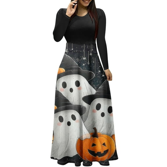 Halloween Maxi Dress for Women, Ghost Pumpkin Print Long Sleeve A-line Dress, Spooky Fall Party Costume Dress