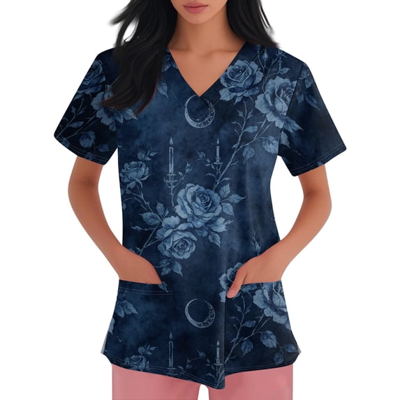 Halloween Medical Scrub Top, Stretch Comfort Nursing Uniform with Multi Pockets for All Healthcare Workers, Washable Holiday Care Work Shirt 01-Purple S