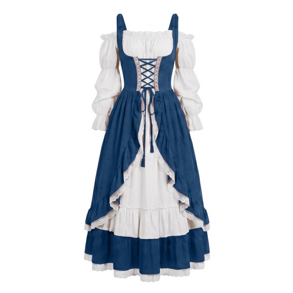 Halloween Medieval Gothic Maid Cosplay Off Shoulder Puff Sleeve Lace Up Corset Tiered Ruffle Maxi Dress Two Tone Contrast Victorian Renaissance Haunted House Party Outfit Vintage Themed Costume