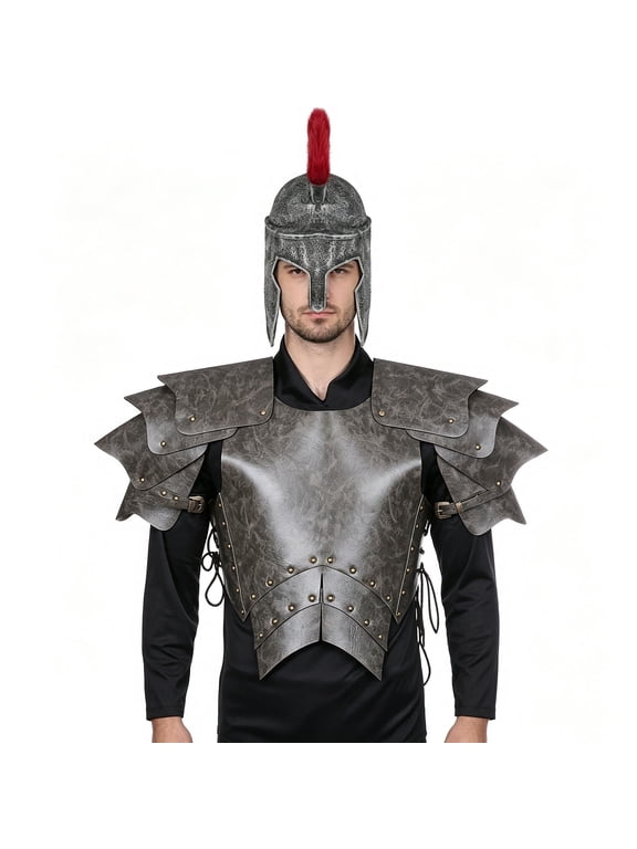 Halloween Medieval Knight Chest Armor Costume with Helemet,Adults Mardi Gras Ancient Rome Archer Warrior Costume,LARP Medieval Viking Breastplate