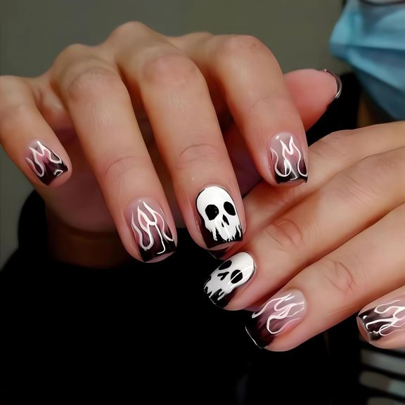 Halloween Medium Fake Nails Square Press on Nails Black Spider Web Glue on Nails Halloween Pumpkin Nails Press ons Orange French Halloween Press on Nails for Women DIY Manicure Decorations 17 style18