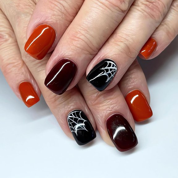 Halloween Medium Fake Nails Square Press on Nails Black Spider Web Glue on Nails Halloween Pumpkin Nails Press ons Orange French Halloween Press on Nails for Women DIY Manicure Decorations 17 style8