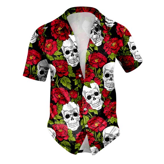 Halloween Men Button Up Shirt Skull Print Turndown Collar Short Sleeve Regular Fit Mens Shirt