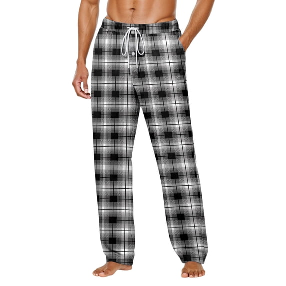Halloween Men Plaid Pajama Pants Sleepwear Drawstring Palazzo Lounge Pants Wide Leg Cotton Knit Sleepwear Loungewear PJs (Black-U, XXXL)