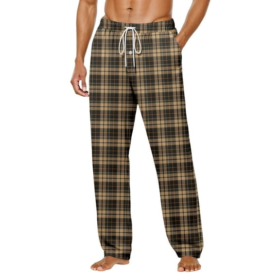 Halloween Men Plaid Pajama Pants Sleepwear Drawstring Palazzo Lounge Pants Wide Leg Cotton Knit Sleepwear Loungewear PJs (Brown-H, L)