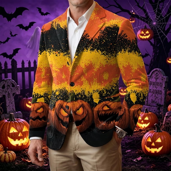 Halloween Men's Blazer Corduroy Ghost Print Halloween Party Jacket Three Buttons Business Office Suit Jacket with Pockets Plus Size Outerwear