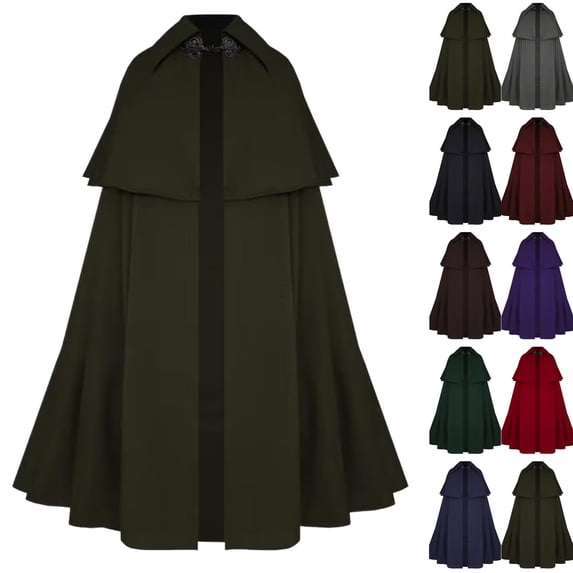 Halloween Men's Gothic Coat Retro Solid Color Loose Fit Cloak Button Clasp Neck Full Floor Length Soft Fabric Cape for Dress‑up Holiday Army Green