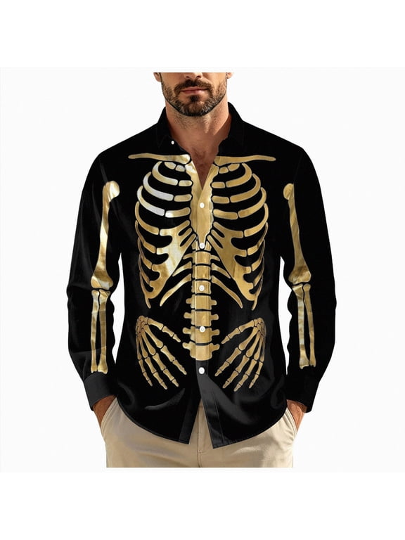 Halloween Men's Long Sleeve Button Down Shirt Skeleton Bones Graphic Costume