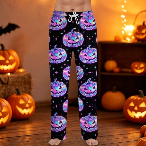 Halloween Men's Pajama Pants Hallowmas Pj Pants for Men Pumpkin Ghost Print Lounge Bottoms Elastic Waist Drawstring Sleepwear With Pockets