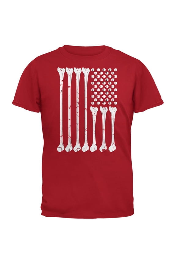 Men's Skeleton Bones American Flag Red Short Sleeve Graphic Tee