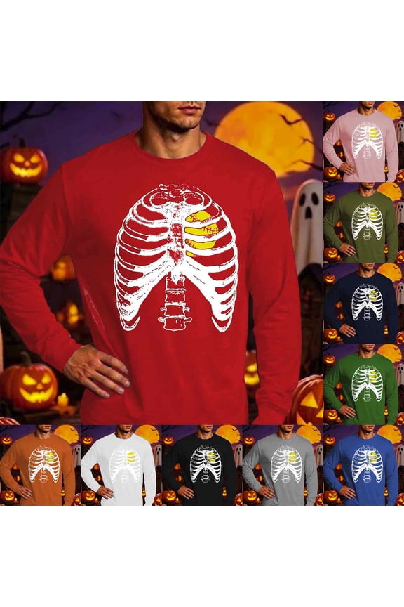 Halloween Men's Skeleton Rib Graphic Sweatshirts for Men Skeleton Print Long Sleeve Pullover