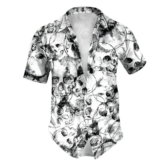 Halloween Mens Button Up Shirt Skull Print Turndown Collar Short Sleeve Regular Fit Shirt Men Casual Graphic