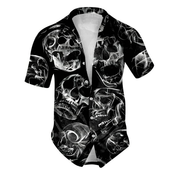 Halloween Mens Button Up Shirt Skull Print Turndown Collar Short Sleeve Regular Fit Shirt Men Graphic