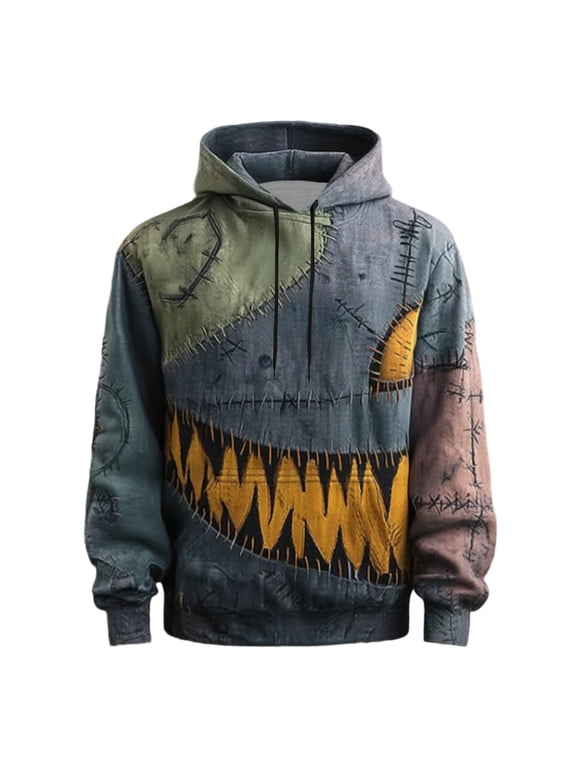 Halloween Mens Hoodies Monster Grin Print Hooded With Drawstring Long Sleeve Casual Loose Fit Fall Pullover Tops