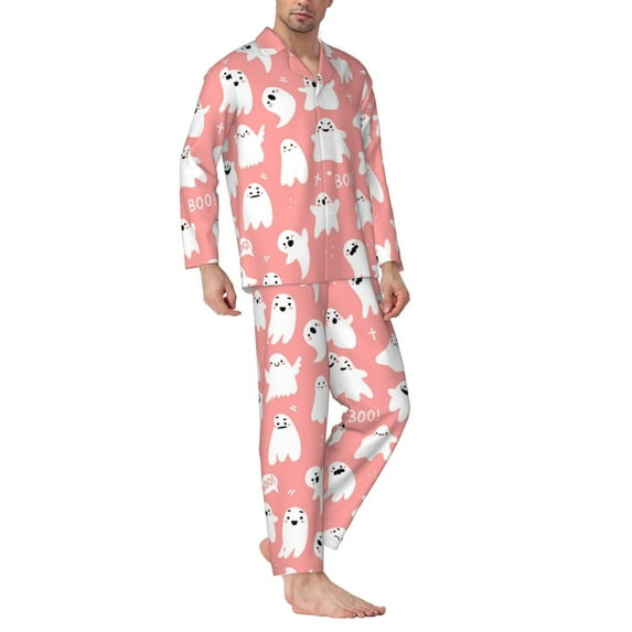 Halloween Mens Pajamas Set, Prizraki_pattern Button-Down Long Sleeve Lounge Pjs Set Halloween Costumes