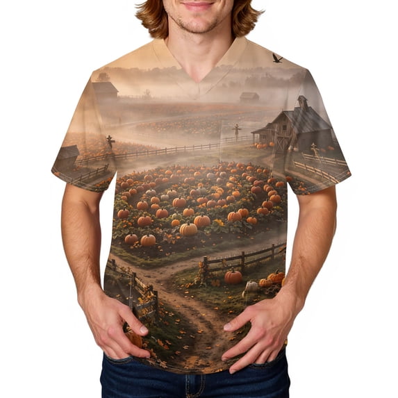 Halloween Mens Scrub Top Novelty Printed V-Neck Short Sleeve Scrub Top Halloween Scrub Shirts with Pockets