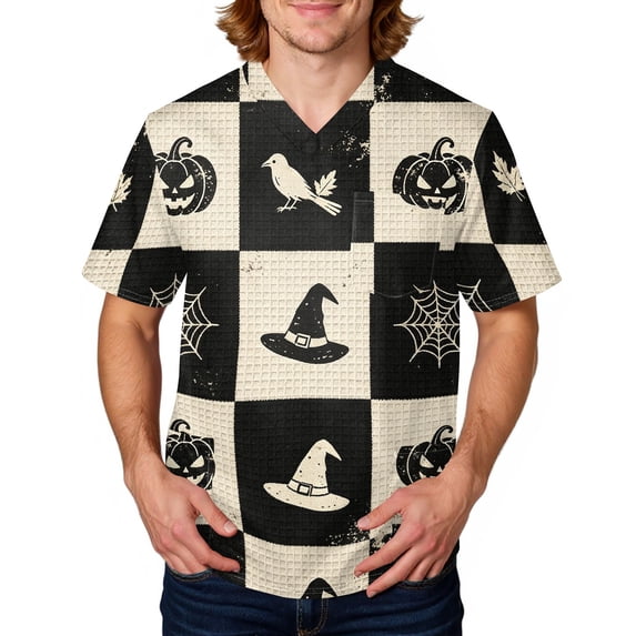 Halloween Mens Scrub Top Short Sleeve V Neck Scrub Top Spooky Bat Printed Shirts Halloween Scrubs Tops Working Nurse Uniforms