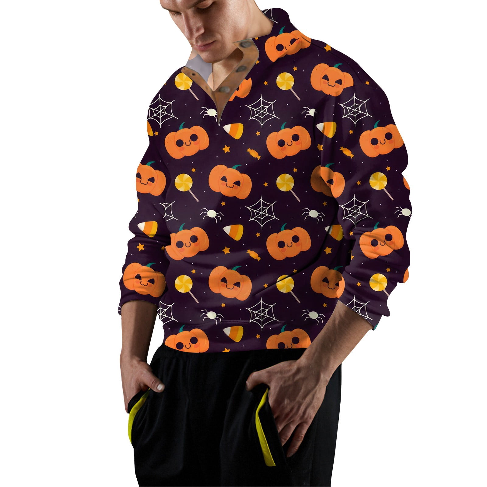 Halloween Mens Sweatshirts Stand Collar TShirts Button Up Shirts Long