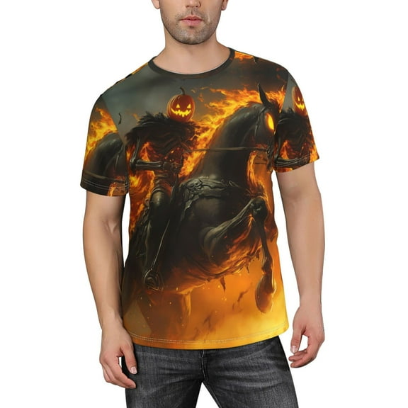 Halloween Mens T-Shirts, Halloween Flame Pumpkin Skeleton Knight A Short Sleeve Crew Neck Soft T Shirts for Man Halloween Party Costume