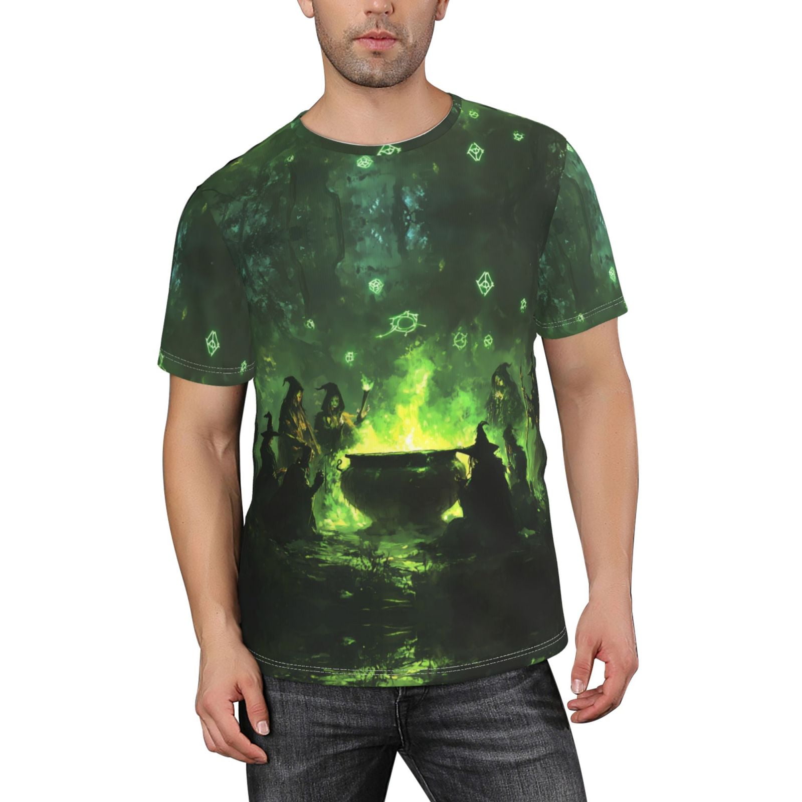 Halloween Mens TShirts, Halloween Green Forest Witch Short Sleeve Crew