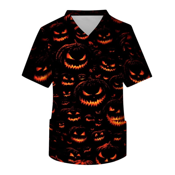 Halloween Mens V Neck Scrub Tops Pocketed Nursing Uniform Tees Fall Medical Staff Work Shirts Dark Gray 2XL