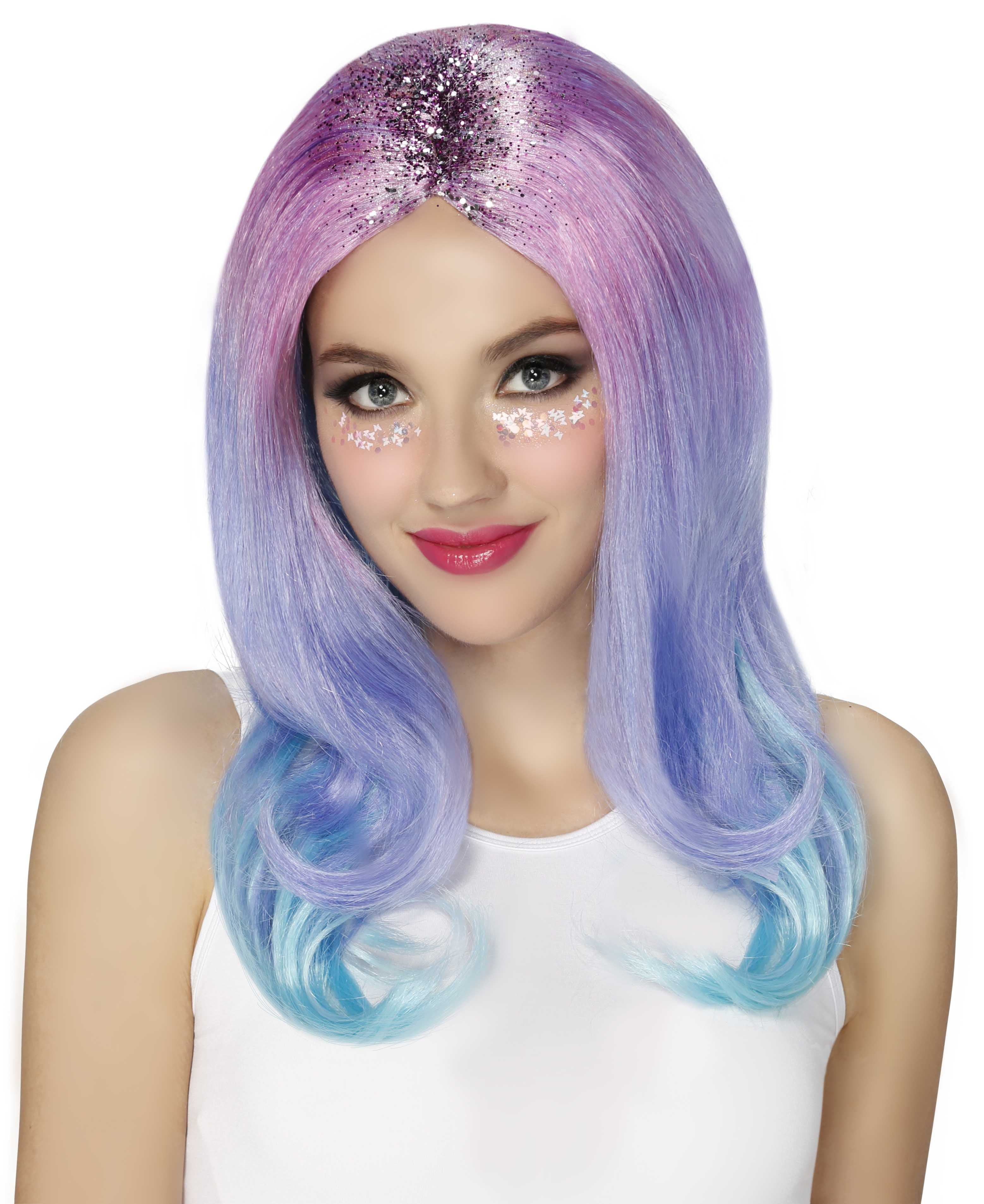 Blue glitter wig discount