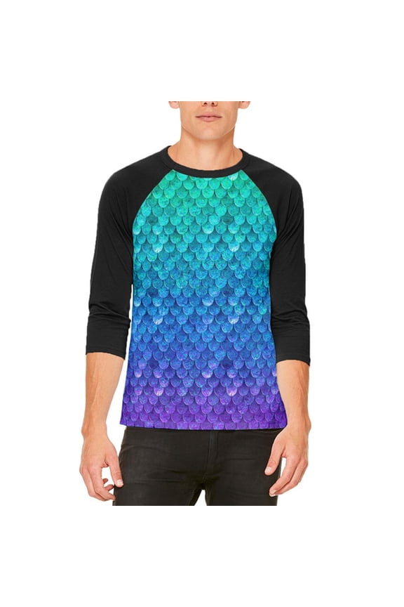 Halloween Mermaid Scales Costume Mens Raglan T Shirt White-Black SM