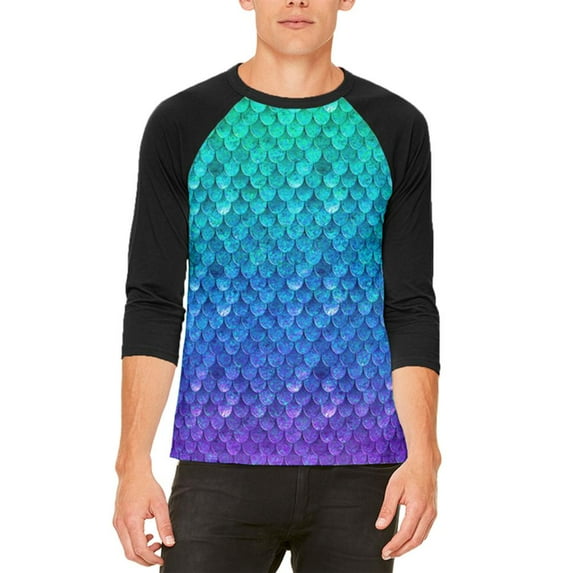 Halloween Mermaid Scales Costume Mens Raglan T Shirt White-Black X-LG