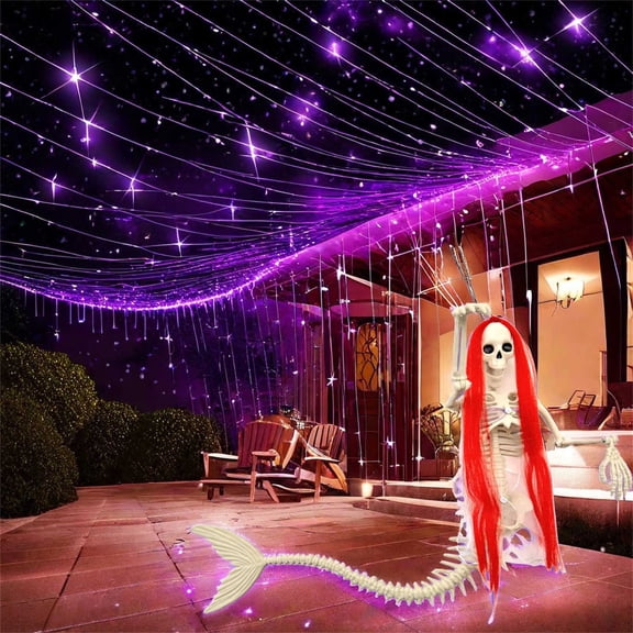 Halloween Mermaid Skeleton Decoration 33.4in Posable Fish Skeleton with Red Long Hair Articulated Tail Life-Size Mythical Creature Prop for Haunted House Party Indoor Outdoor Yard Decor