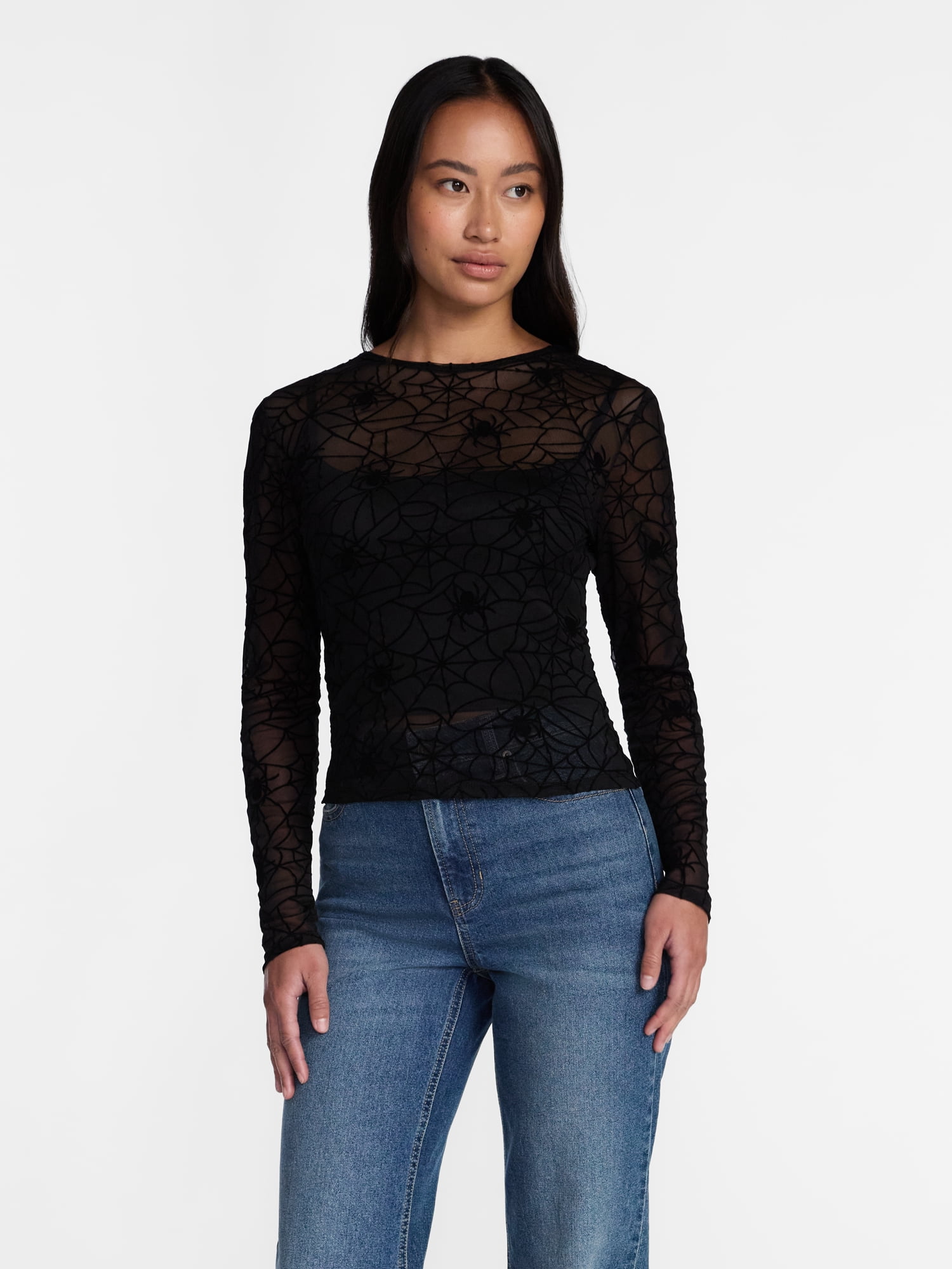 Halloween Women's Spiderweb Mesh Top with Cropped Cami, Sizes XXS-XXL