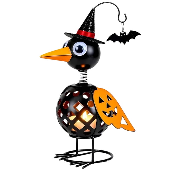 Halloween Metal Crow & Pumpkin Lantern Figurine - Gothic Black Raven Tabletop Candle Holder Decor for Patio, Porch & Home Mantels