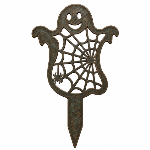 Halloween Metal Garden Stake, 11.81-Inch Black Ghost and Web Yard Art for Lawn, Walkway and Porch Decor