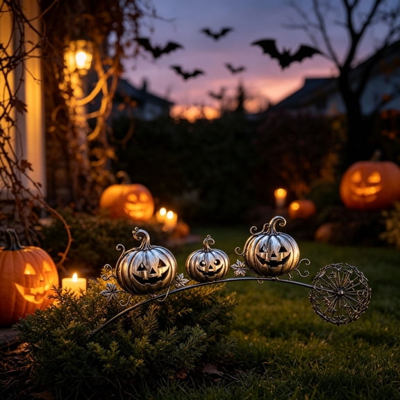 Halloween Metal Pumpkin Lantern Garden Stake, Vintage Distressed Three Pumpkin Yard Stake with flower Sphere, Weatherproof Metal Fall Lawn Ornament
