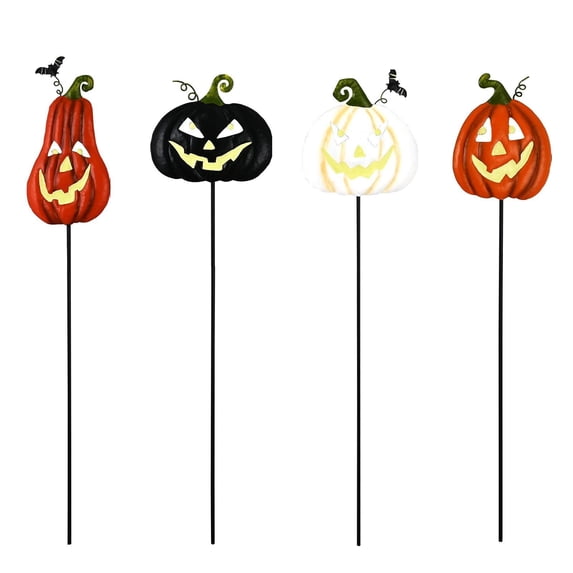 Halloween Metal Pumpkin Yard Stakes, Glow in Dark Fluorescent, Pack of 4 Assorted Color, Iron Art Outdoor Garden Pathway Decoration for Halloween Holiday Party Lawn Patio