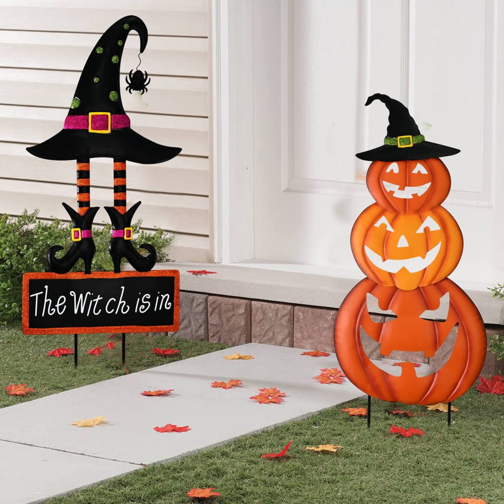 Halloween Metal Pumpkin Yard Stakes with Stackable Design, Witch Sign ...