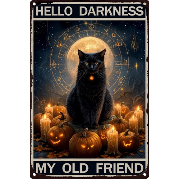 Halloween Metal Sign Hello Darkness My Old Friend Black Cat with Pumpkins Wall Decor Aluminum Tin Sign for Home Office Bar Cafe Garden 8x12 Inch Vintage Spooky Art Poster Moonlight Night Theme