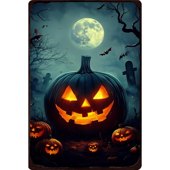 Halloween Metal Sign Spooky Pumpkin Lantern Moon Bats Graveyard Vintage Tin Wall Art Decor for Home Kitchen Office Bar Outdoor 8x12 Inch Aluminum