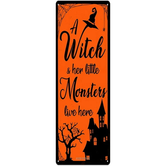 Halloween Metal Sign Wall Decor, A Witch & Her Little Monsters Live Here Funny Hanging Plaque For Home Farmhouse Kitchen Bar Bathroom Porch Outdoor Yard Halloween Decorations 4"x16"