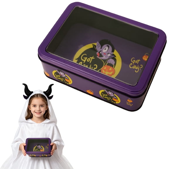 Halloween Metal Tin Box with Lid,Halloween Rectangular Empty Tin Box Containers,Reusable Halloween Tinplate Organizer Boxes,Sturdy Metal Clear Lid Holiday Storage Organizer for Candy,Treat