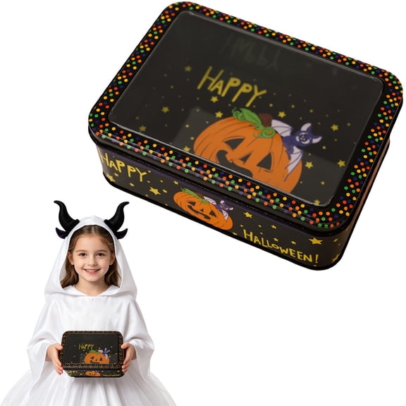 Halloween Metal Tin Box with Lid,Halloween Rectangular Empty Tin Box Containers,Reusable Halloween Tinplate Organizer Boxes,Sturdy Metal Clear Lid Holiday Storage Organizer for Candy,Treat