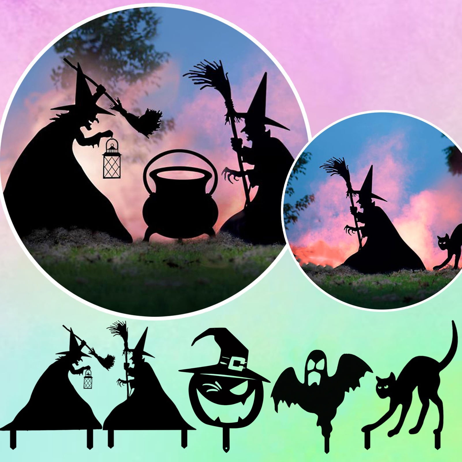 Halloween Metal Yard Sign Black Pumpkin Witch Bat Cat Ghost Silhouette ...
