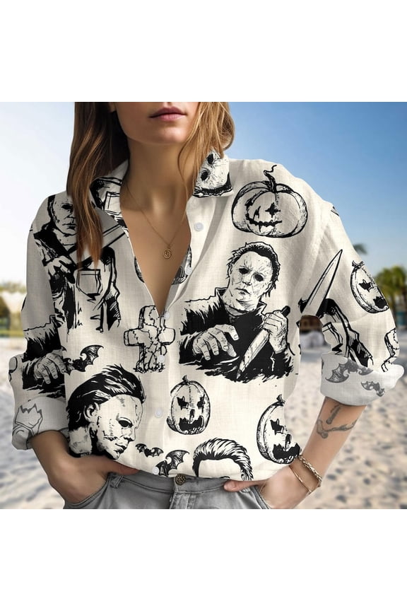 Halloween Michael Myers Blouse Shirt, Halloween Casual Shirt, Halloween Movie Shirt, Horror Characters, Blouses Tops Women, Hawaiian Shirt