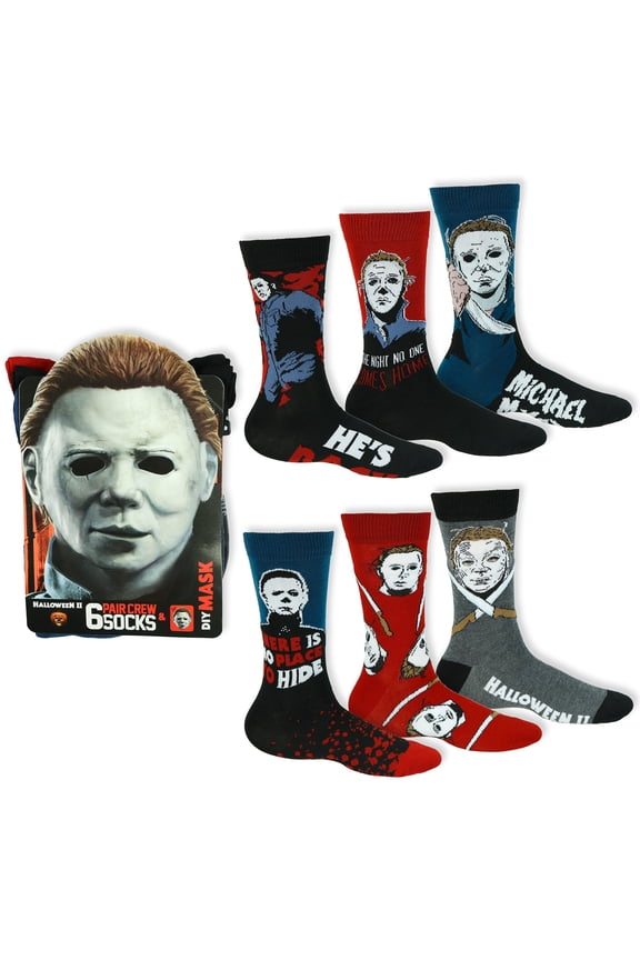 Halloween Michael Myers Men's 6 Pair Crew Socks with D.I.Y. Mask