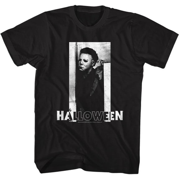 Halloween Michael and Logo B and W Black Adult T-Shirt