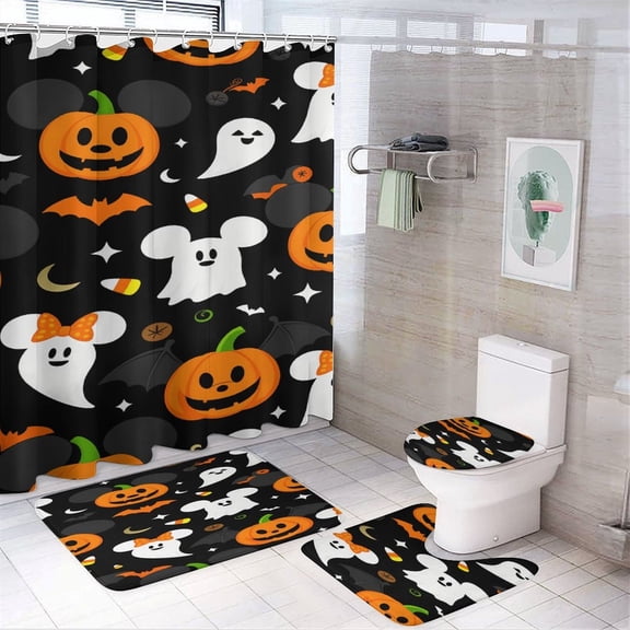 Halloween Mickey Ghost Pumpkin Bat Candy Shower Curtain Bathroom Sets Toilet Lid Rug, Rugs Mat Bath Mat And Contour Mat, Shower Curtain 4Pcs