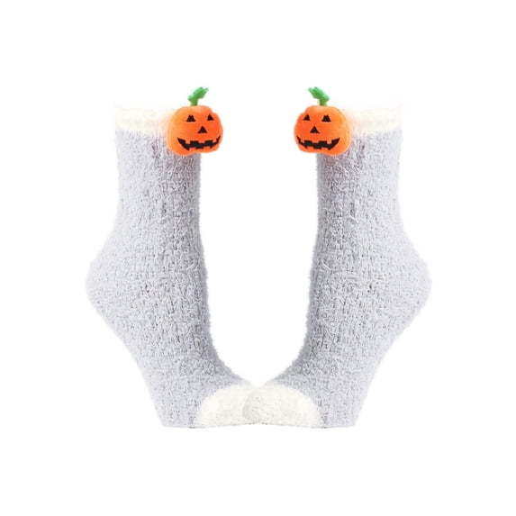 Halloween Mid Calf Sleep Socks for Women Coral Fleece Plush Warm Fuzzy Socks with Festive Detail Ultra Soft Cozy for Indoor Cold Weather and Nighttime Relaxation Gray