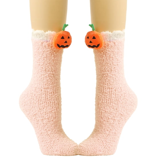 Halloween Mid Calf Sleep Socks for Women Coral Fleece Plush Warm Fuzzy Socks with Festive Detail Ultra Soft Cozy for Indoor Cold Weather and Nighttime Relaxation Pink