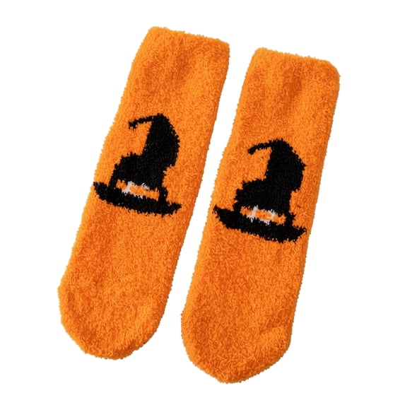 Halloween Mid Calf Slipper Socks for Women Thick Plush Warm Fuzzy Home Lounge Socks with Festive Graphic Ultra Soft Non-Slip Ideal for Cozy Indoor Wear and Cold Seasons Orange