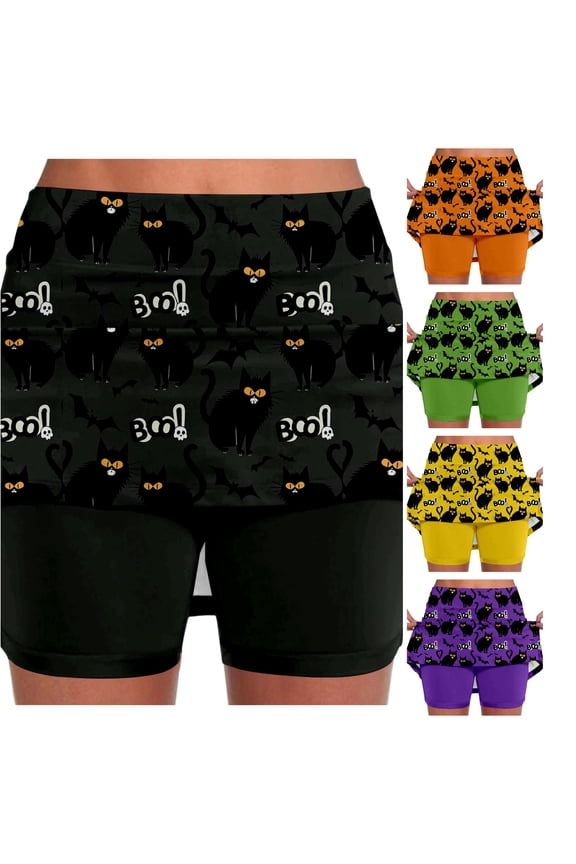 Halloween Mid Rise Culottes Women's Athleisure Two Piece Culottes with Pockets Slit Skirt
