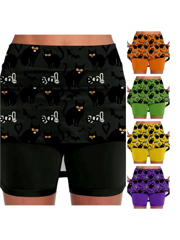 Halloween Mid Rise Culottes Women's Athleisure Two Piece Culottes with Pockets Slit Skirt